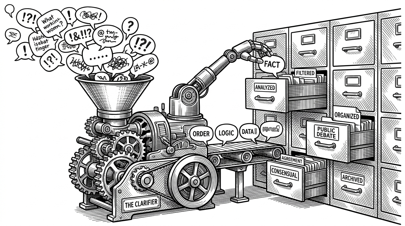 A mechanical sorter taking chaotic, floating speech bubbles and neatly filing them into rigid, labeled steel drawers.