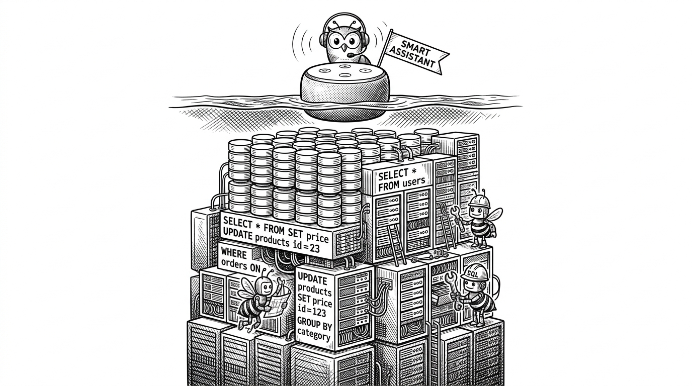 A small Echo device floating on the water's surface, with a massive underwater structure of SQL databases and Auth servers beneath it.