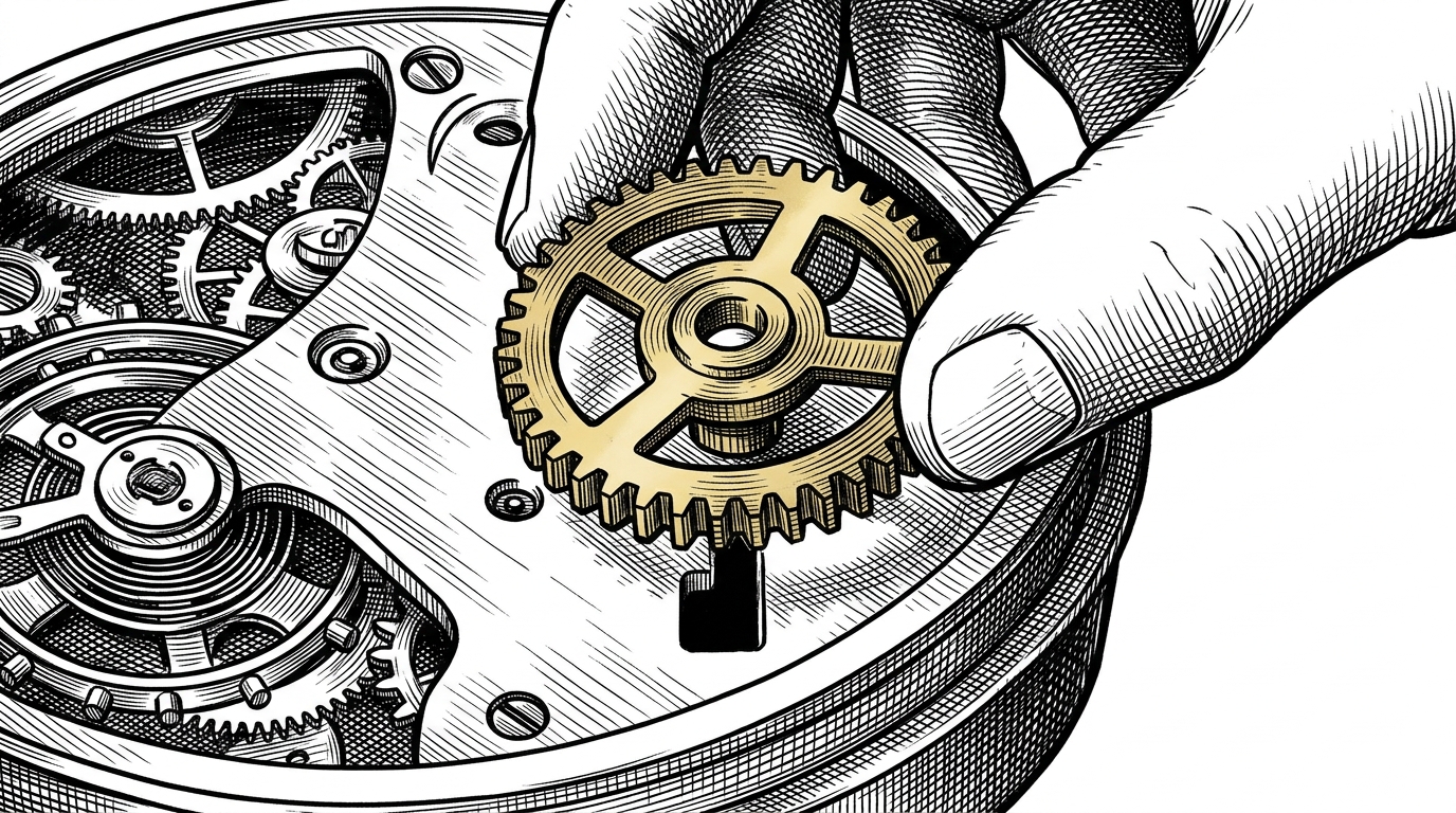A close-up of a single, perfectly machined gear being dropped into a larger clockwork frame.