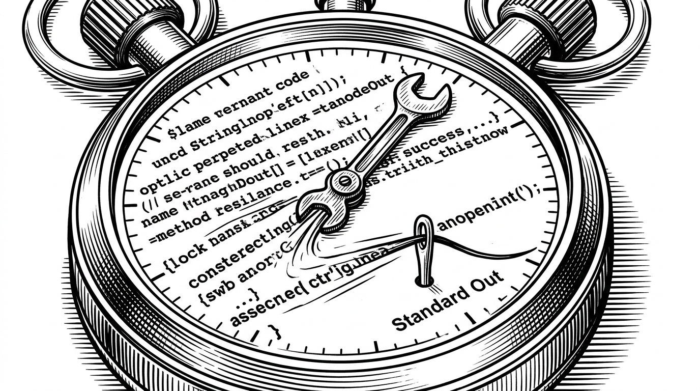 A mechanical stopwatch squeezing lines of code through a needle eye, representing the intense time pressure and precision required in competitive programming.