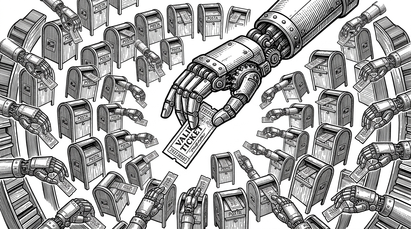 A mechanical hand holding a paper ticket, with dozens of smaller mechanical hands radiating outward and dropping identical tickets into separate wooden mailboxes.