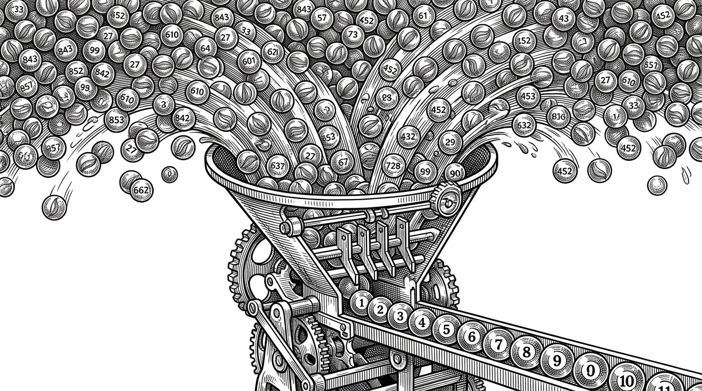 A massive, chaotic waterfall of numbered glass marbles falling into a narrow funnel, where mechanical gates sort them into a single-file line in perfect numerical order.