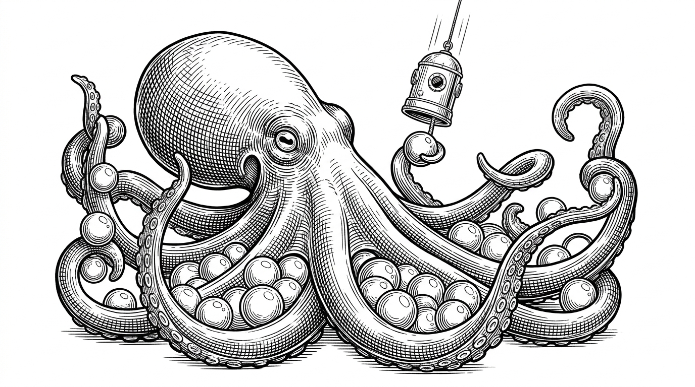 An editorial illustration of a kraken holding many glass spheres, while a diving bell carefully extracts just one. This represents the Franz recipe extracting Jira from a cluttered browser.