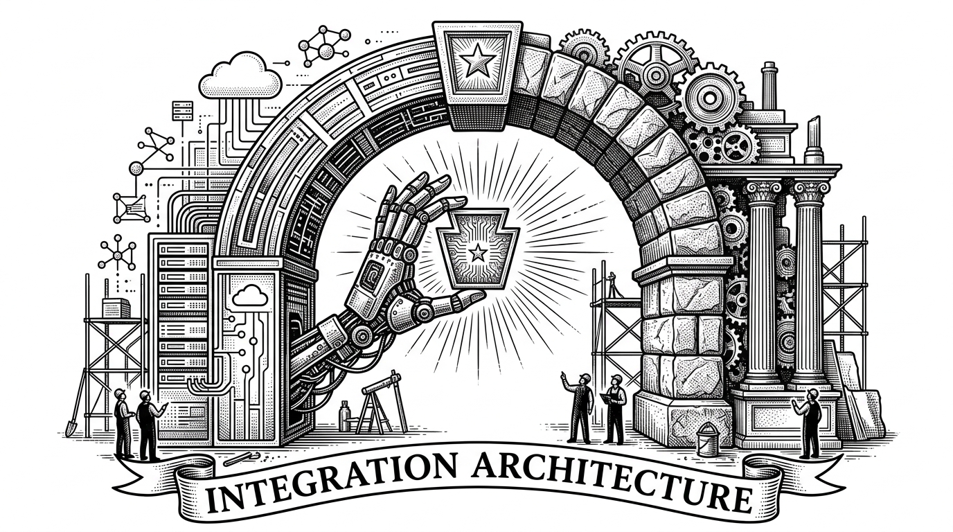 A stone archway being constructed, with one half made of futuristic glass and the other of solid granite, joined by a mechanical hand placing a keystone.