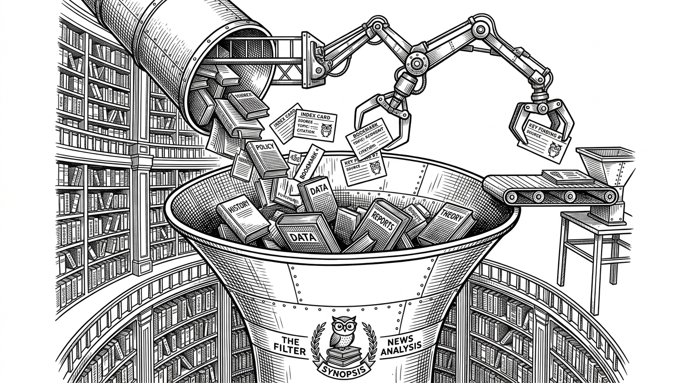 A vast library of books being fed into a funnel, with a mechanical arm picking out only specific bookmarks.