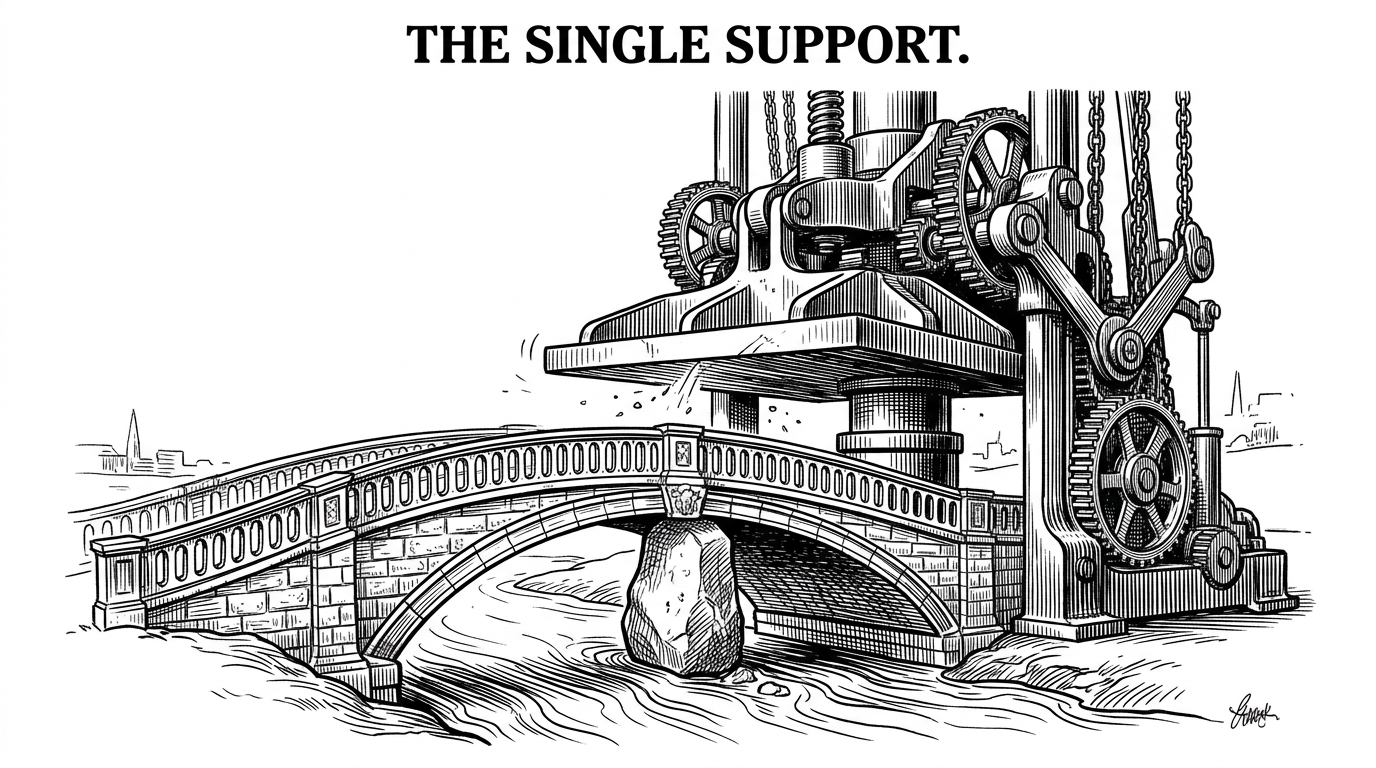 A heavy mechanical press poised over an unsupported bridge, held back only by a small, sturdy stone representing a test.