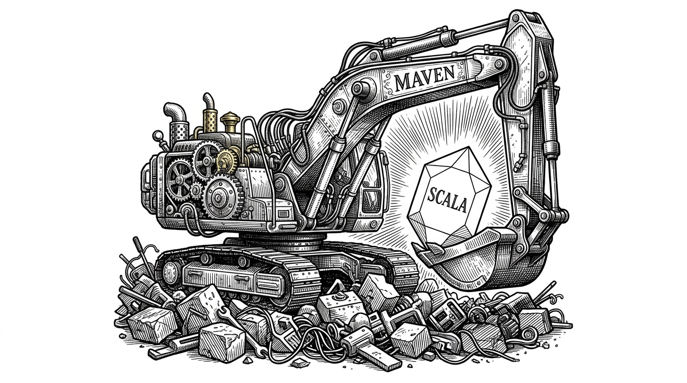 A black and white ink illustration of a steampunk mechanical excavator unearthing a glowing geometric crystal, representing heavy Java tooling extracting elegant Scala logic.