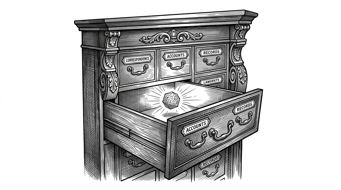 A massive ornate Victorian filing cabinet with tiny sleek drawers, representing the heavy XML configuration required to house simple functional logic.