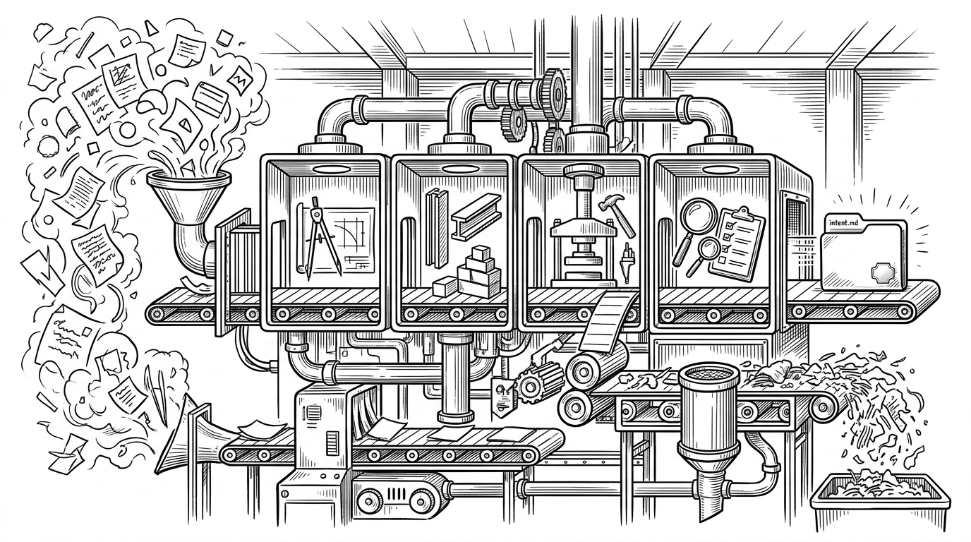 A wide assembly line inside a stark machine room. Loose prompts and paper scraps enter on the left, then pass through four chambers before exiting as a stamped artifact. The image explains Temper's core idea: AI coding becomes a controlled pipeline instead of a freeform chat.