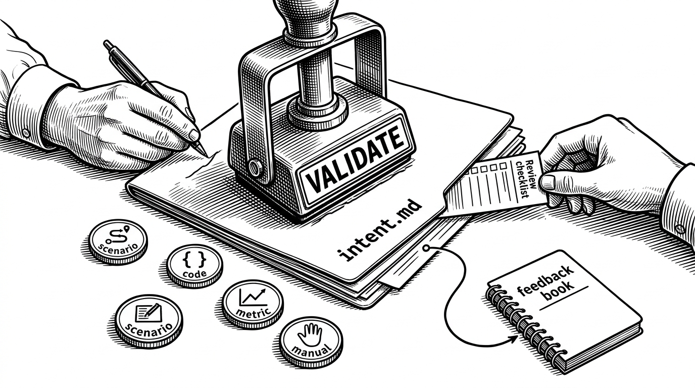 A close-up desk scene centered on a single intent.md file under a mechanical validation stamp. Around it are four small tokens for scenario, code, metric, and manual. The image explains that Temper predeclares how work will be judged before the implementation begins.