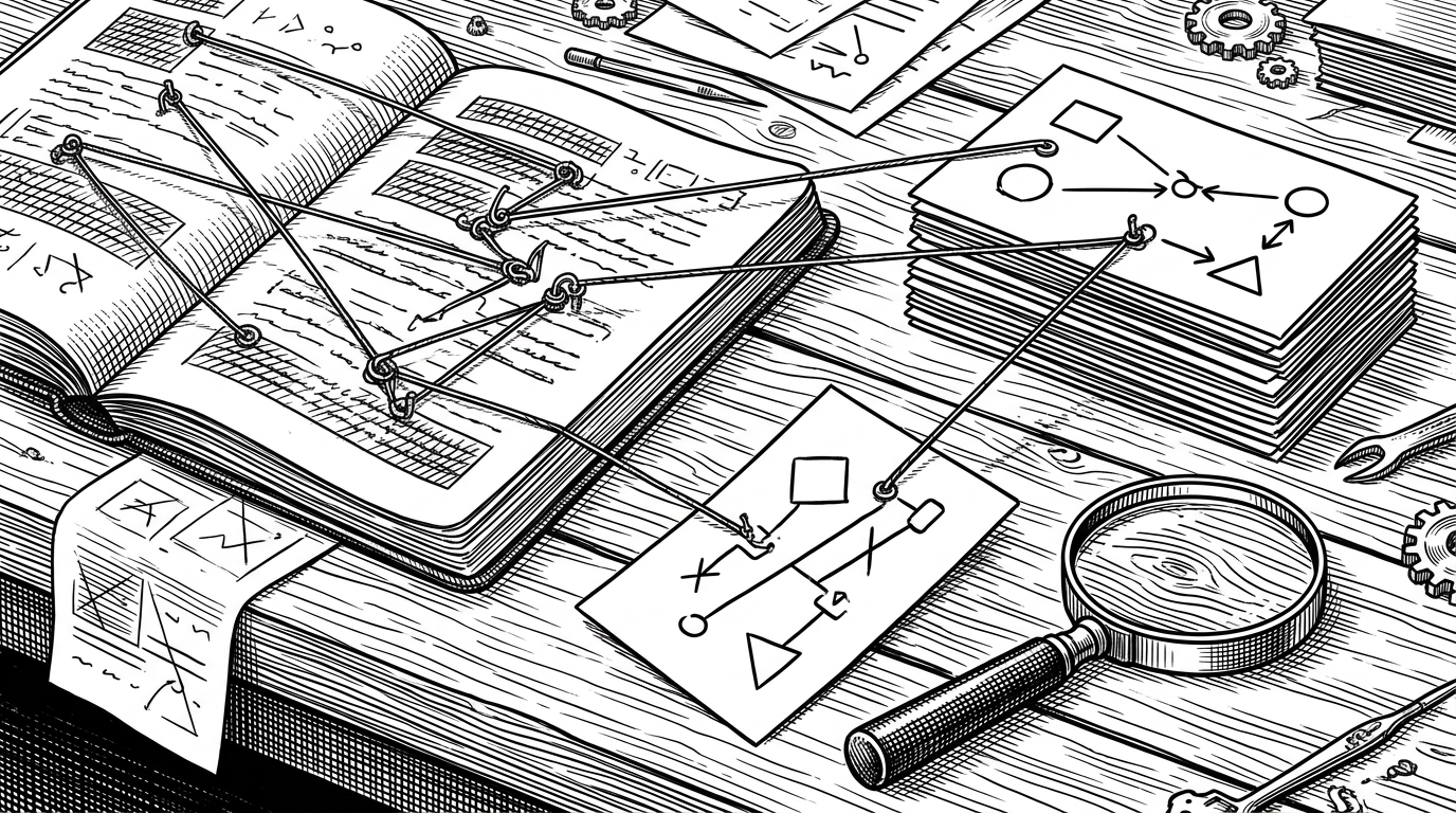A close-up workbench scene shows index cards for agents, a notebook with a small Python DSL snippet, and strings connecting rules to outcomes. One card is flipped from honest behavior to exploit behavior, which explains how the repo helps teams probe for gaming strategies.