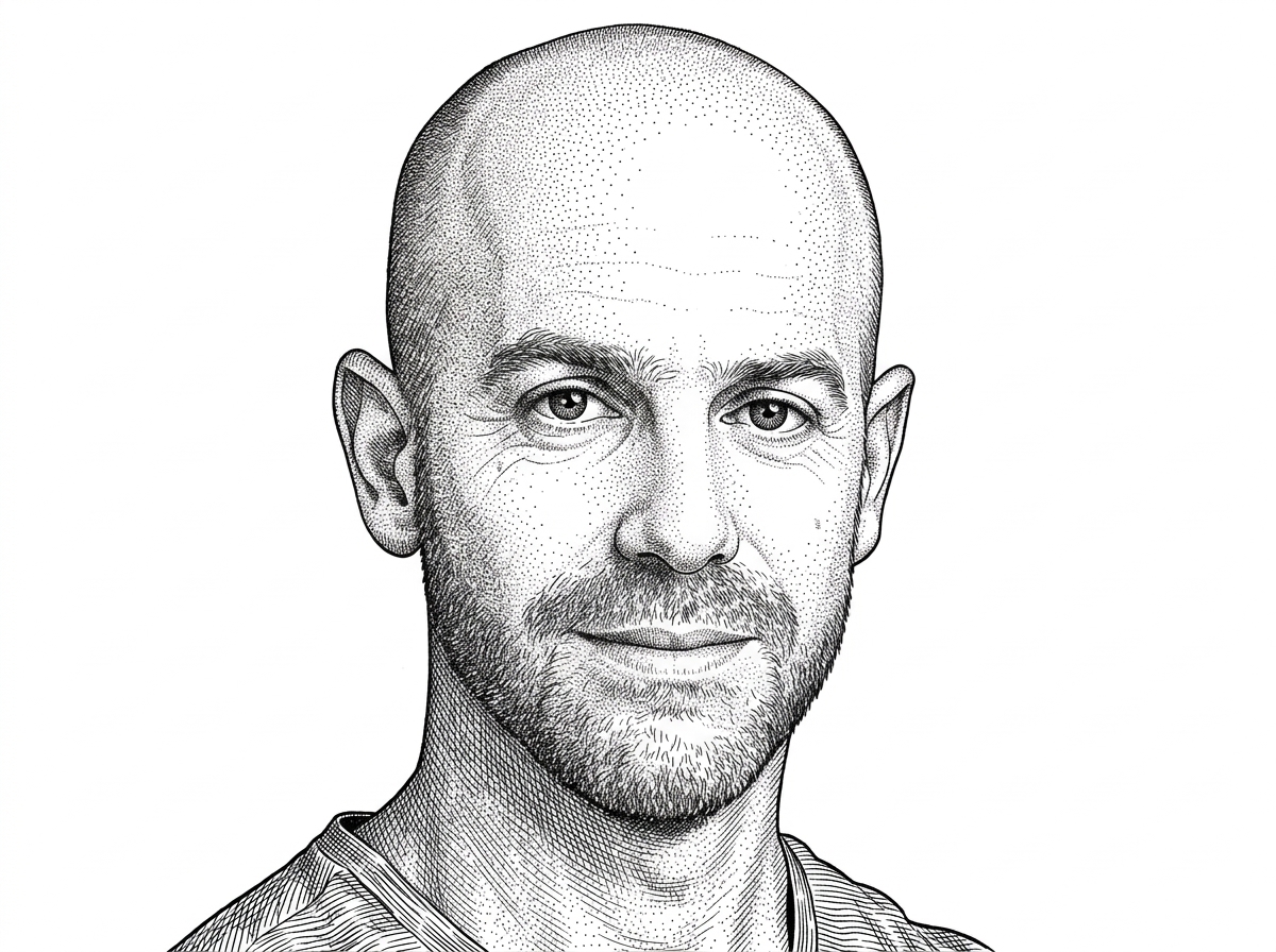 A WSJ-style portrait of Galando rendered as a black ink hedcut on white. It identifies the creator behind the project and anchors the origin story to a real maintainer rather than an abstract team.