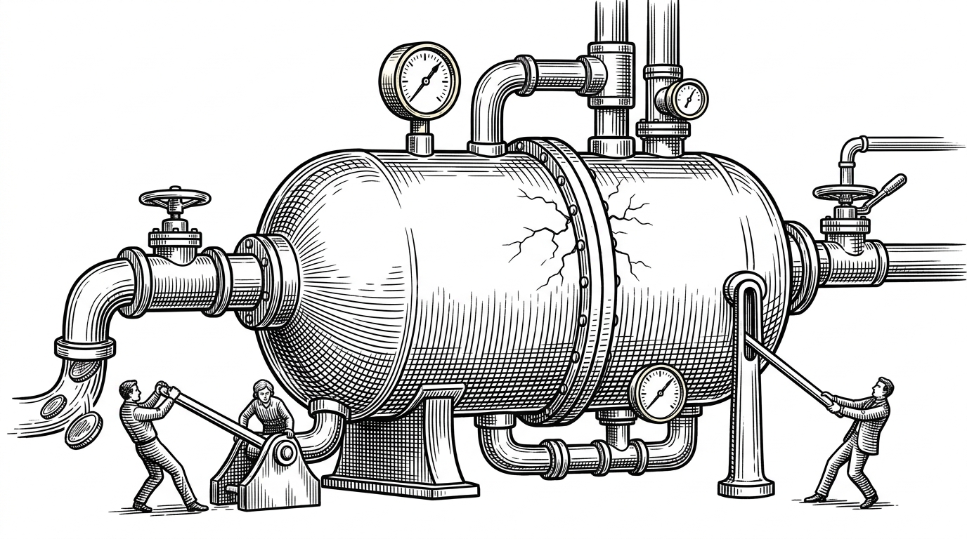 A token economy is shown as a pressure chamber with pipes, valves, and gauges, while small figures tug at levers that represent farming, arbitrage, and governance capture. The scene explains that the project is about testing whether an incentive system bends or breaks under pressure.