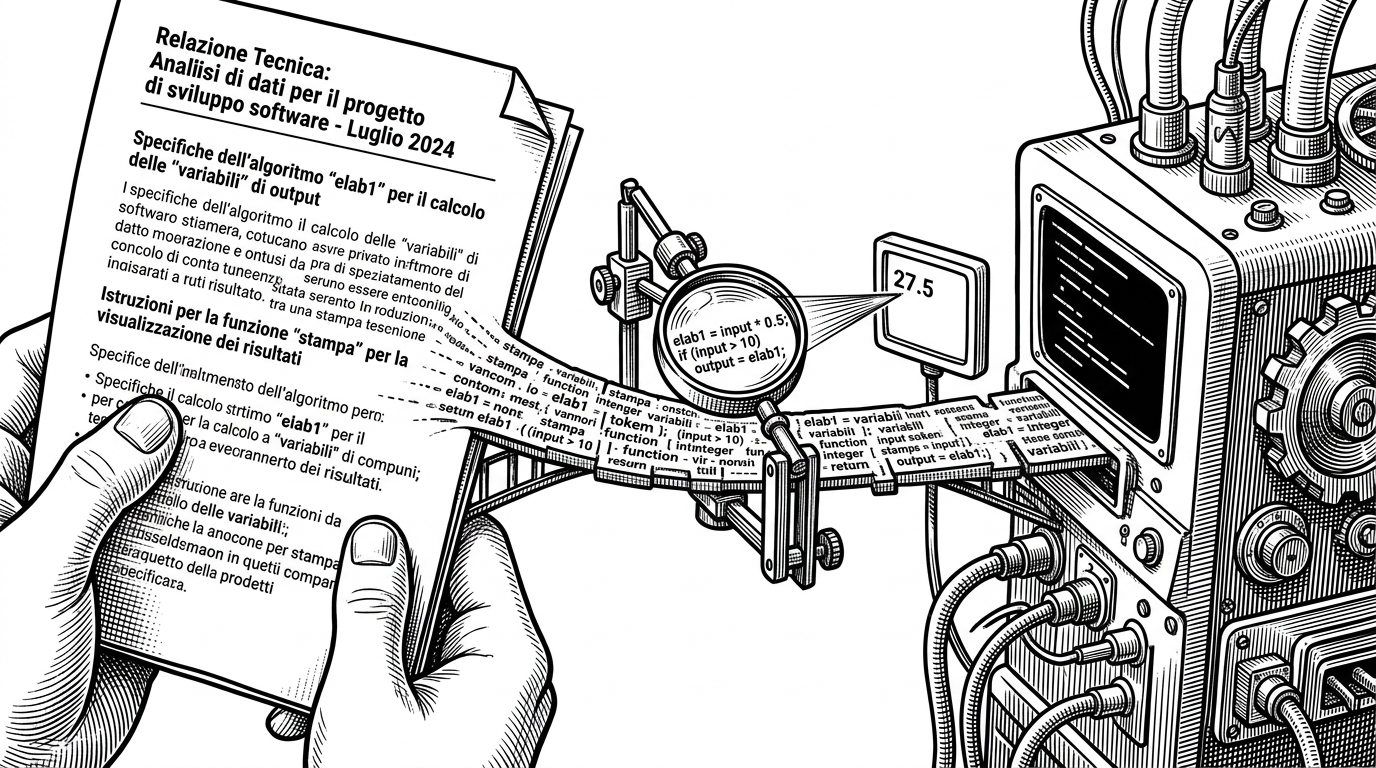 A close-up editorial illustration of a narrow bridge between an Italian PDF page and a compiler terminal. Small code tokens are threaded across the bridge, and an inspection lens checks the exact output on the far side. The image explains the benchmark's core challenge, which is translating one formal system into another without losing meaning.