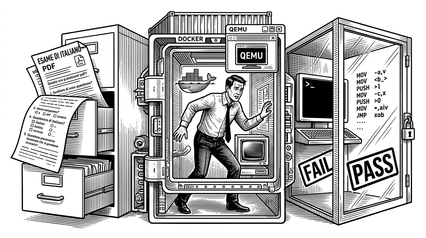A wide editorial illustration of a technical gauntlet. An Italian exam PDF spills from a file cabinet on the left, a sealed Docker and QEMU chamber sits in the center, and a terminal with assembly symbols and a PASS or FAIL stamp stands behind locked glass on the right. The scene explains that the benchmark is an end-to-end exam pipeline, not a simple coding test.