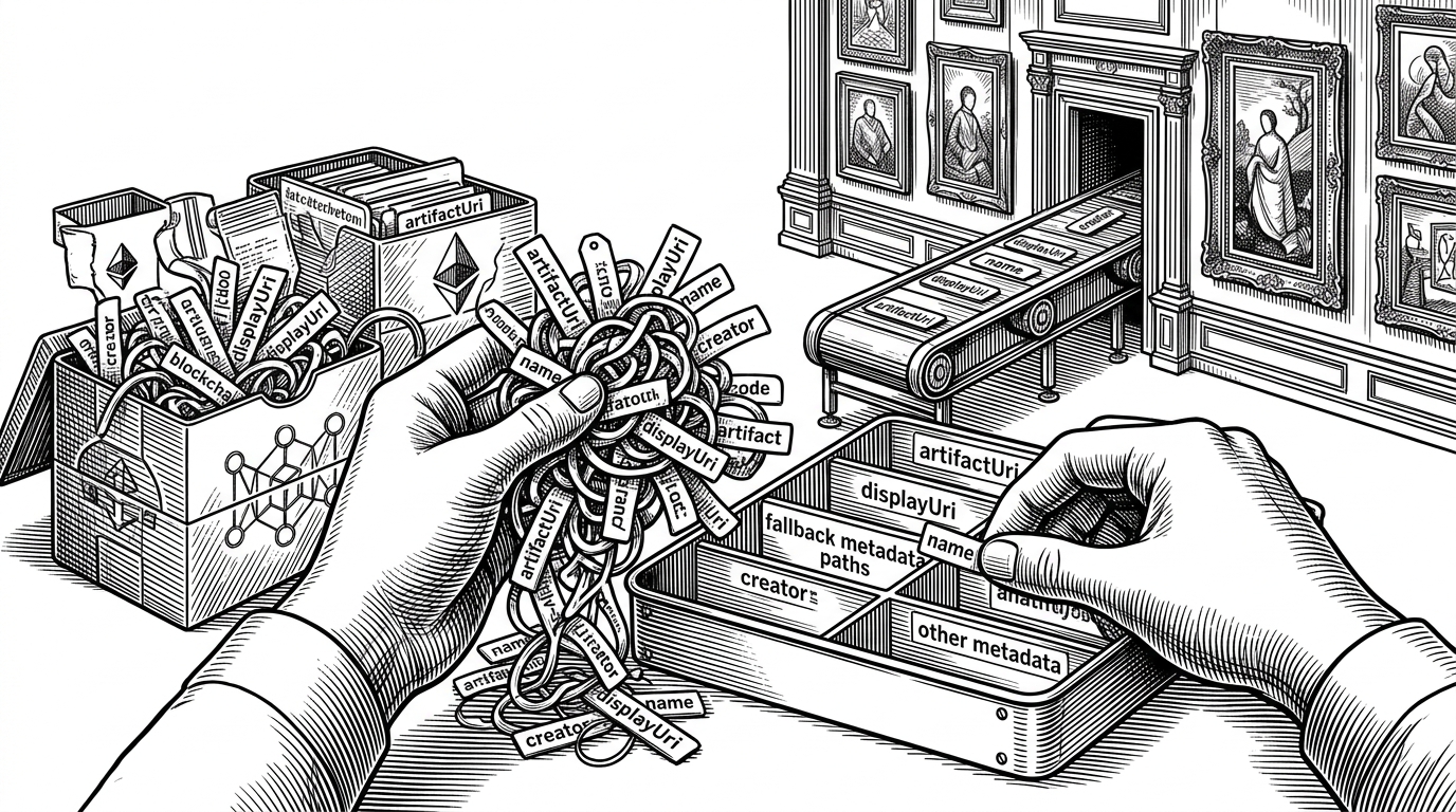 A close-up hand sorts tangled metadata tags from multiple chain-specific containers into a clean tray of prioritized fields. The image explains how Gallery resolves inconsistent NFT metadata before it reaches the gallery wall.