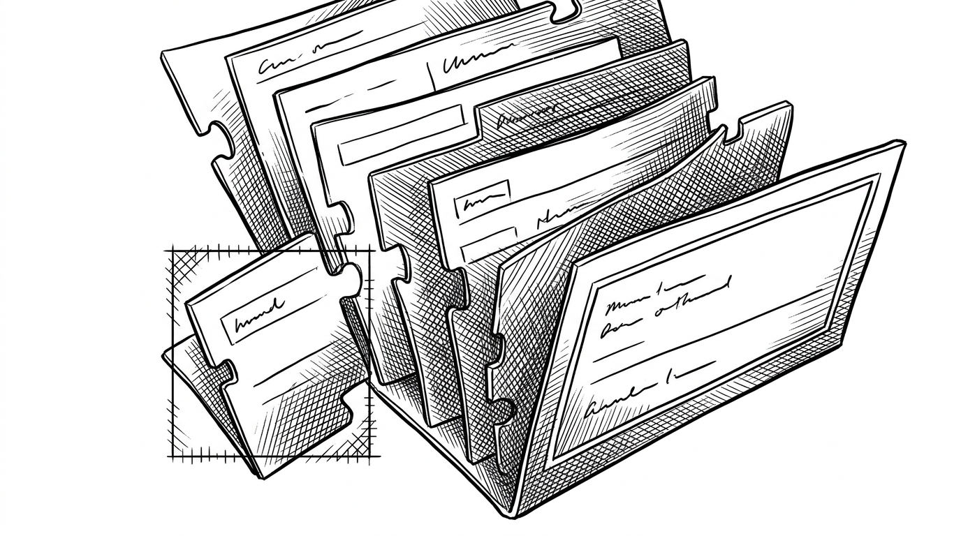 Nested paper fragments interlock into a single exhibit card while one missing field is caught by a small boundary box. The image explains how Relay fragments let Gallery assemble data locally and isolate failures without breaking the whole screen.