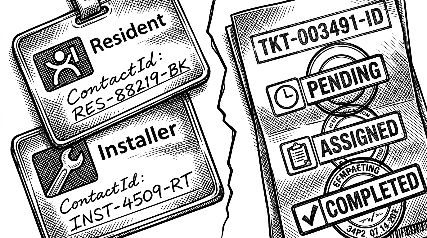 Two contact cards labeled Resident and Installer sit beside a stamped request ticket. The contact cards carry handwritten contactId tags, while the request ticket has its own auto-generated numeric ID and a progression of status stamps. The image explains the split between identity and work in the data model.