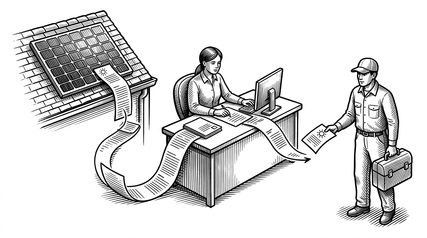A rooftop solar panel is linked by a paper-trail of request cards to an admin desk, then to an installer carrying a tool case. The image explains that the product is not about tracking sunlight, but about moving a work order through a service workflow.