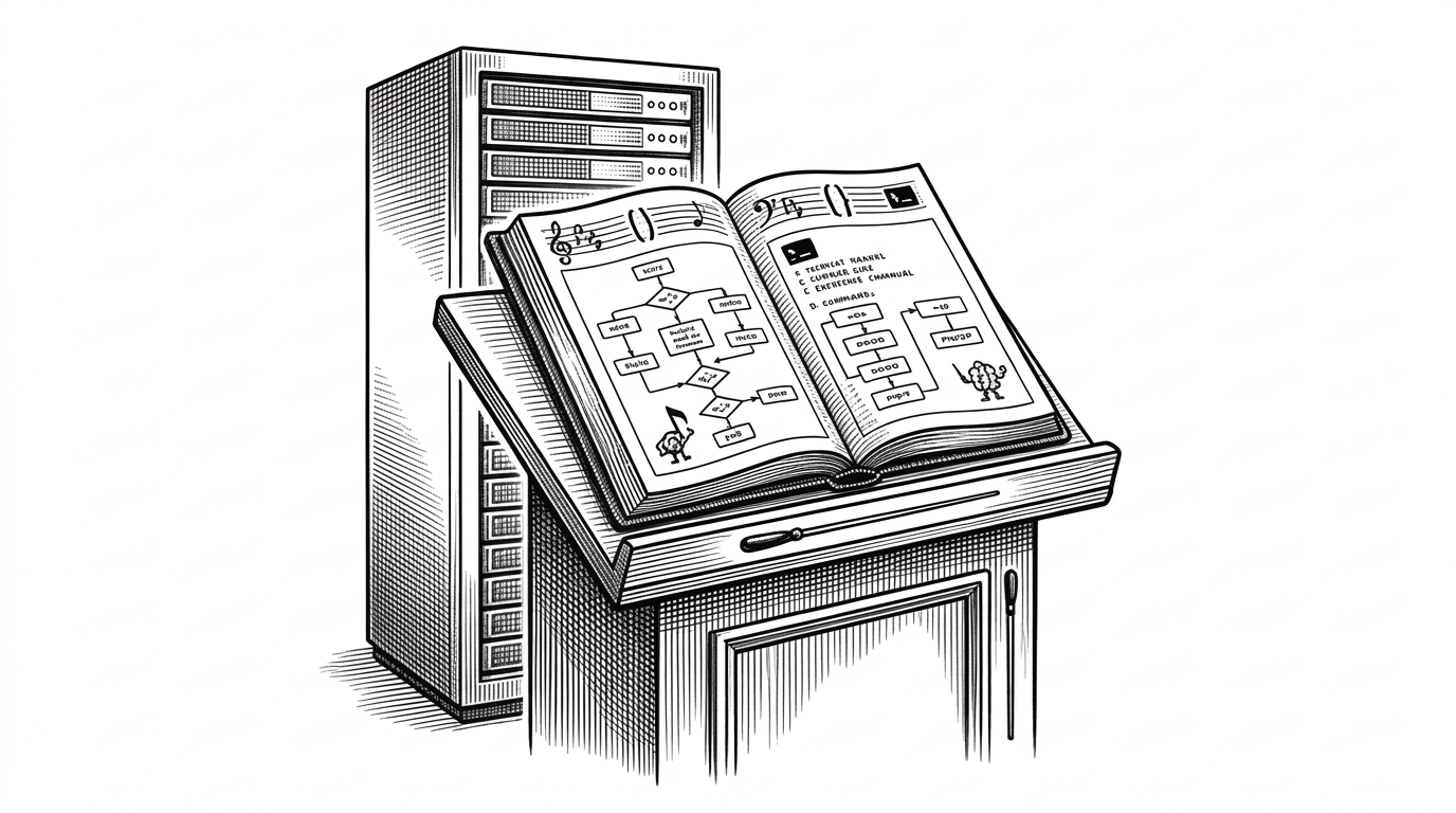 A wooden conductor's podium standing in front of a glowing server rack, with an open ledger containing flowcharts and terminal commands.