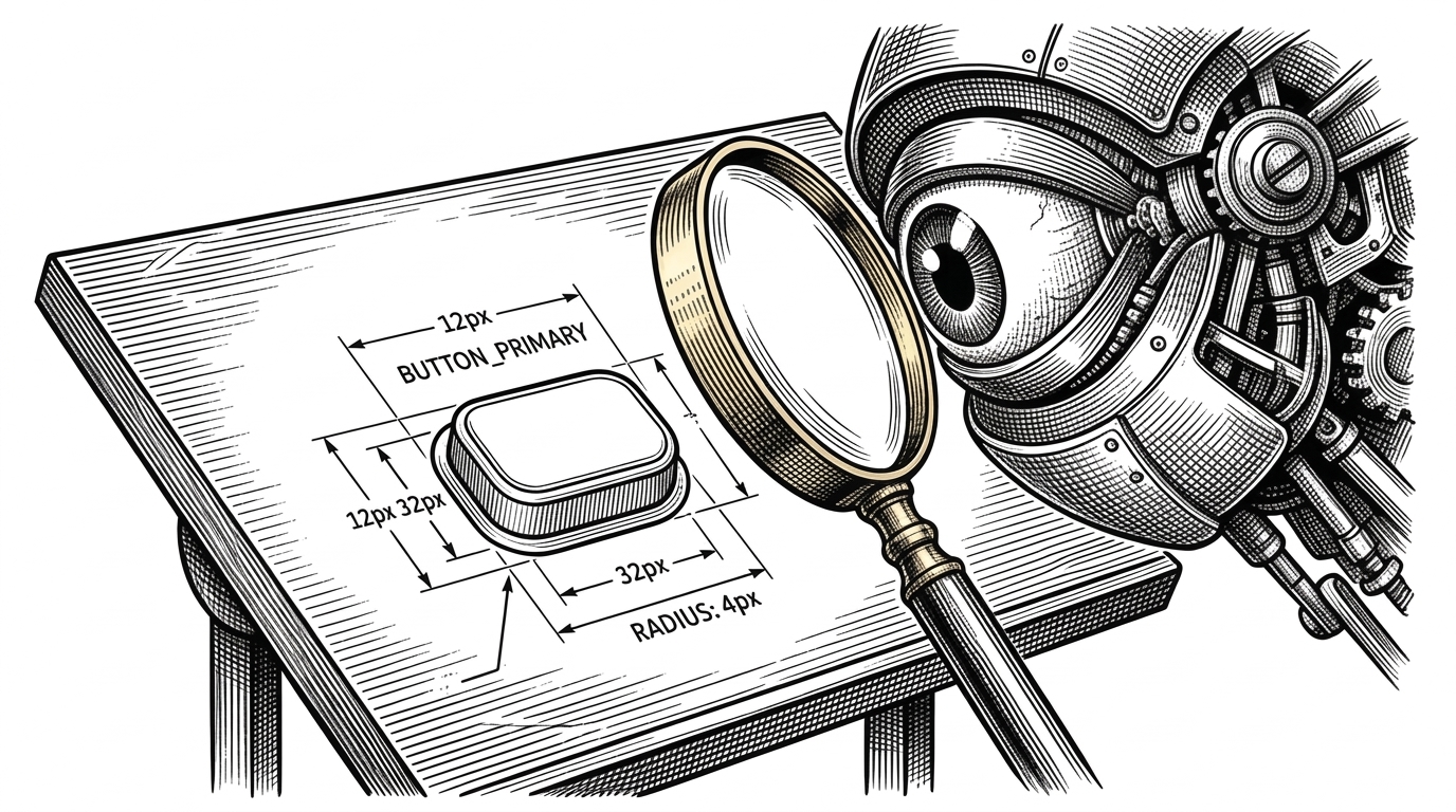 A mechanical eye with a magnifying glass lens inspecting a UI button on a drafting table.