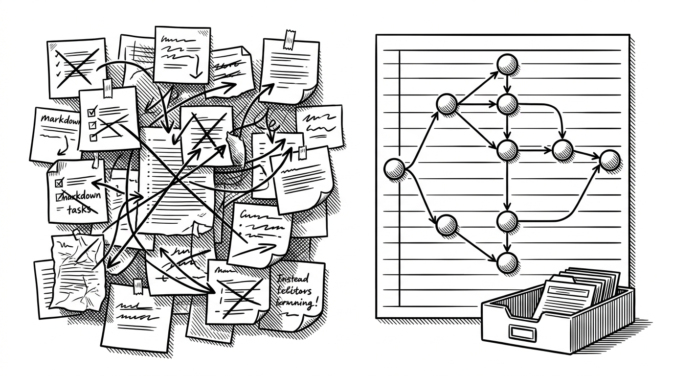 A split black-ink editorial scene contrasts a cluttered wall of sticky notes and crossed-out markdown tasks with a clean graph ledger that branches and merges neatly. The image explains why Beads is a different memory model, not just a nicer checklist.