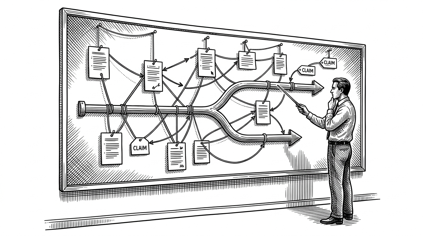 A wide black-ink editorial scene shows an AI agent workspace as a wall-mounted ledger of connected task nodes. Threads link claims, dependencies, and branches, explaining that Beads treats work state as durable memory rather than a throwaway checklist.