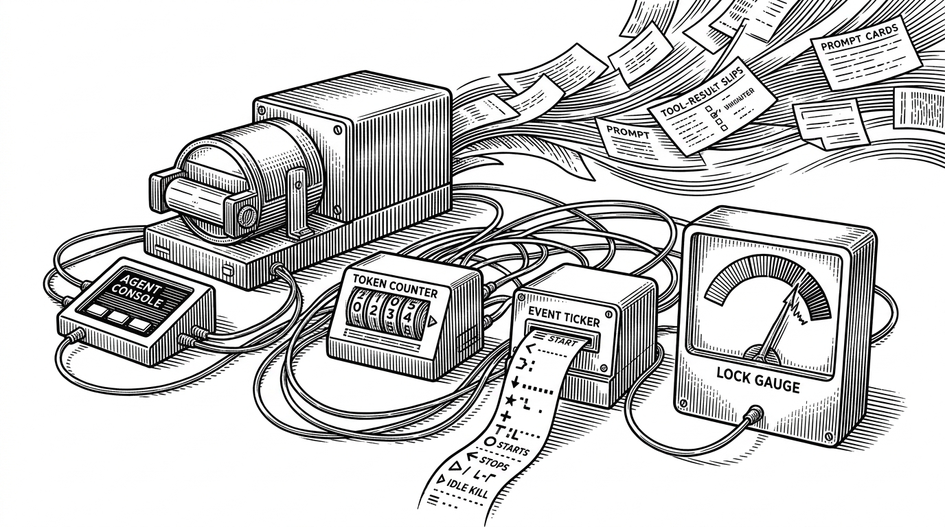 A flight recorder sits beside a compact agent console while several instrument dials receive streams from prompts, tool results, token counts, and lifecycle events. The scene explains the article’s core idea: this stack records AI labor as operational data instead of treating it as an invisible black box.