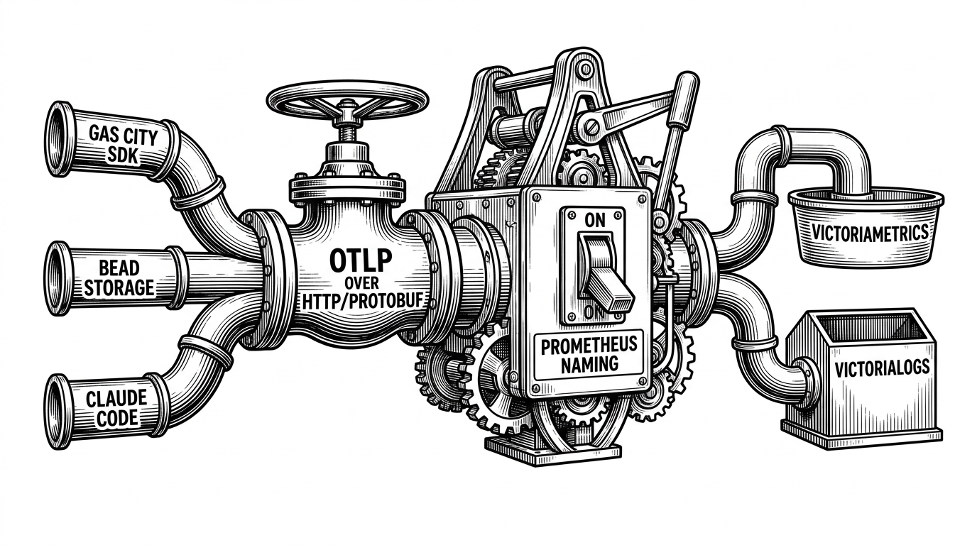 A close-up of a bridge mechanism where three input pipes labeled Gas City SDK, bead storage, and Claude Code are forced through a single valve marked OTLP over HTTP/Protobuf before splitting into metrics and logs. The image explains how the repo standardizes heterogeneous agent telemetry into one queryable data plane.