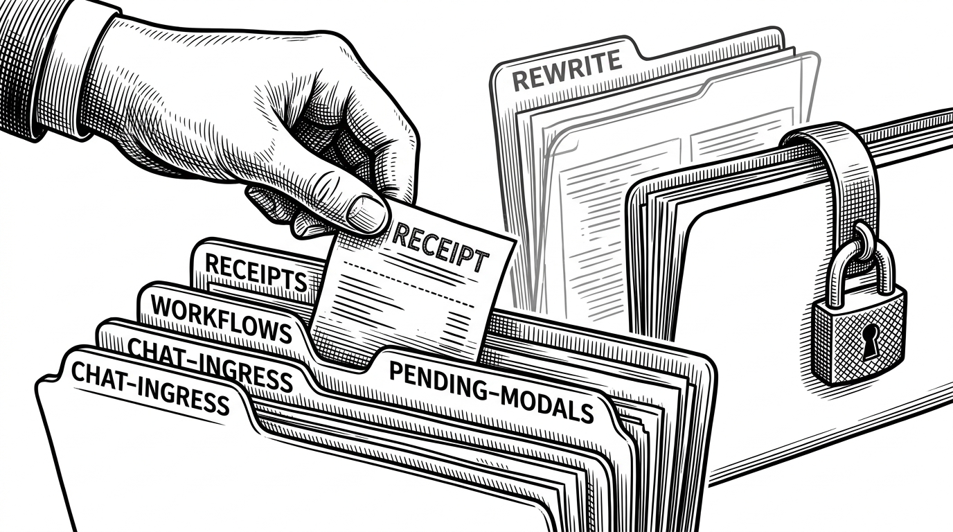 A close-up black-ink scene of a hand placing a stamped receipt into nested folders labeled receipts, workflows, pending-modals, and chat-ingress. One folder is being rewritten atomically while another remains locked. The image explains how the pack uses the filesystem as a durable request lifecycle, not a passive storage dump.