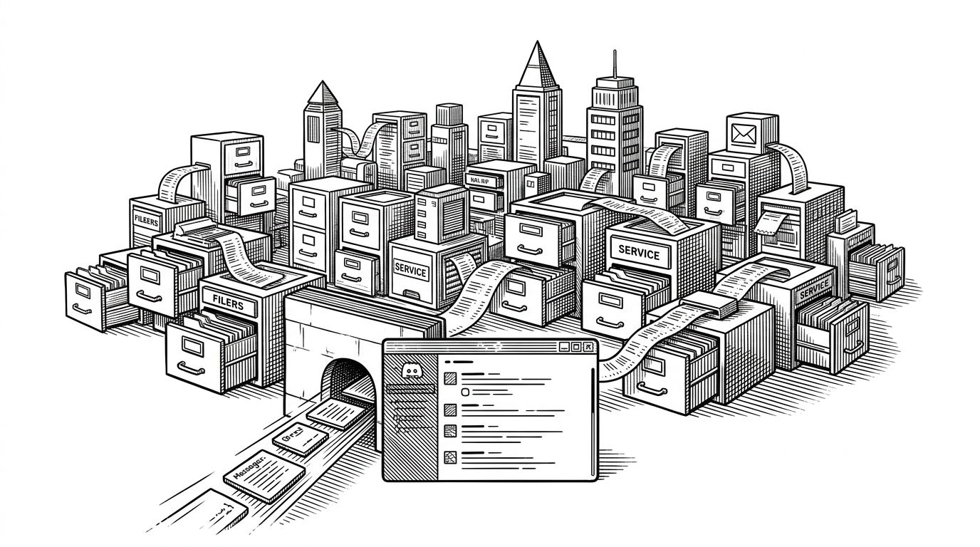 A wide black-ink editorial scene of a tiny city built from file drawers, with a Discord window acting as the front gate. Message tiles flow from the gate into separate service towers, while paper receipts connect the drawers to the towers and make state visible. The image explains that Discord is the interface, but the real system is a structured local control plane.
