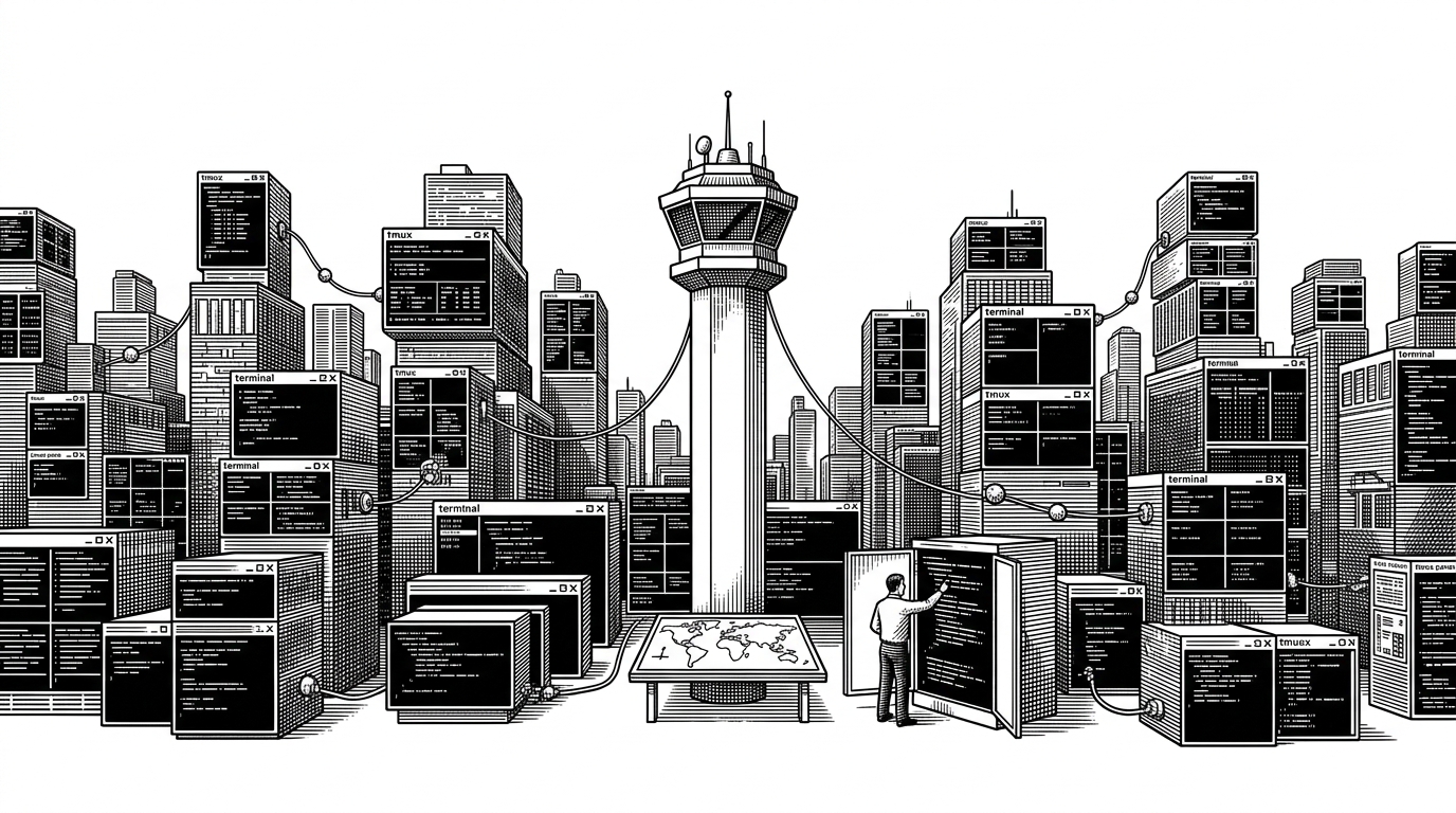 A wide black-ink editorial scene of a city made from terminal windows, with a central control tower watching connected work units. The image explains Gas City's core idea: tmux sessions as visible runtime, beads as durable work, and humans as active operators who can attach and inspect live sessions.