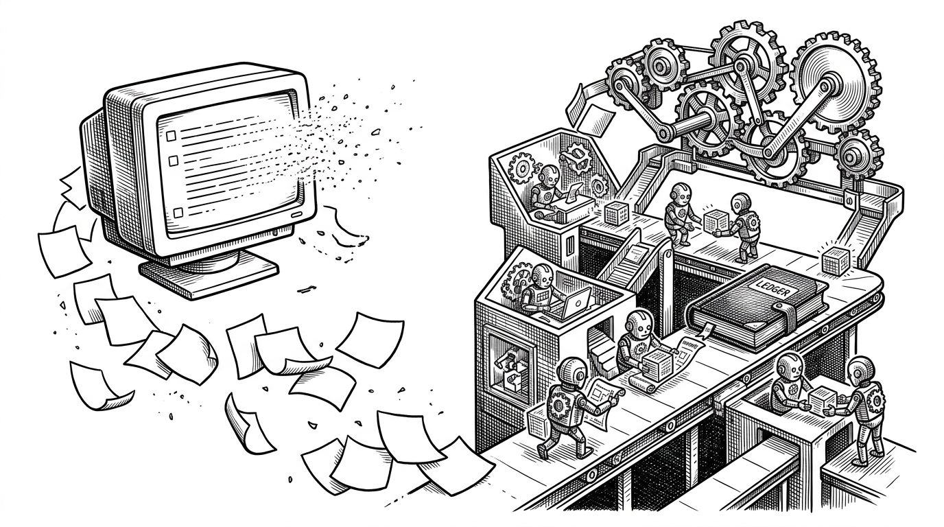 A split black-ink illustration that contrasts a fading chat window on the left with a disciplined multi-agent workshop on the right. The left side loses context as notes scatter, while the right side keeps tasks, sandboxes, and a ledger connected in orderly paths, clarifying why Gas Town is about coordination durability.