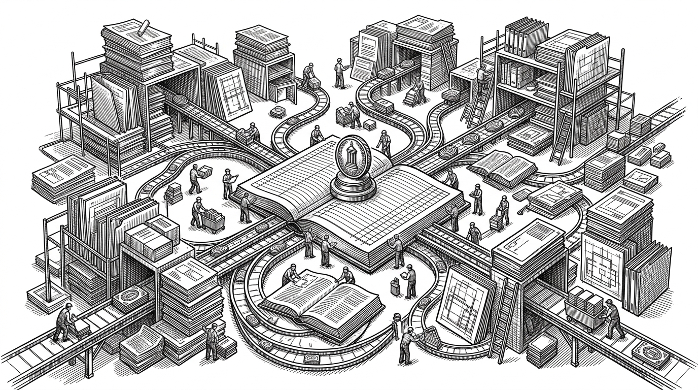 A wide black-ink illustration of a control room that feels like a city planning desk. Small agent stations orbit a central ledger while routes branch into separate workspaces and return with updates, explaining that Gas Town treats coding work as something scheduled and routed, not trapped inside one chat.