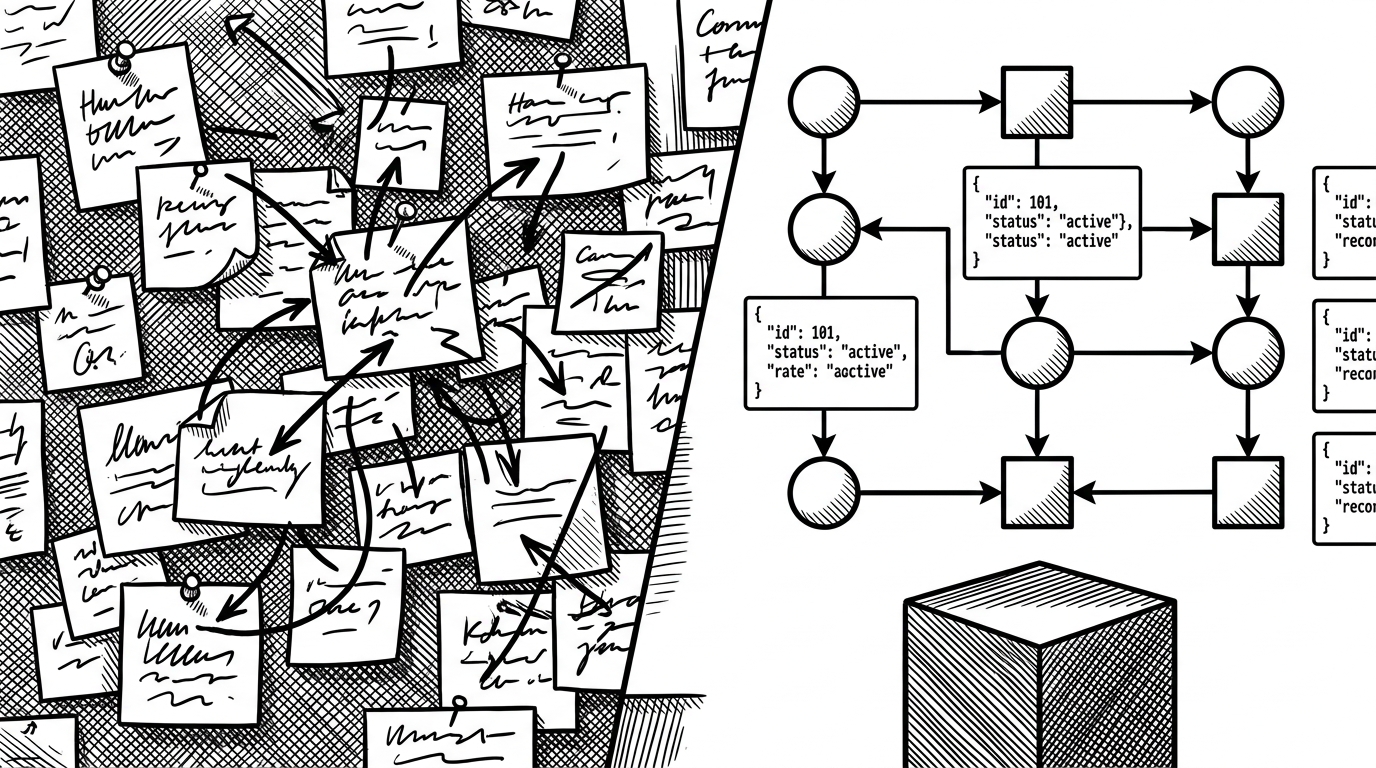 A close-up split scene shows a messy human-style board with overlapping sticky notes on one side and a structured agent workspace on the other, where linked nodes and compact records are arranged with clear dependency arrows. The image explains why Beads is about machine-readable coordination, not just a prettier issue board.