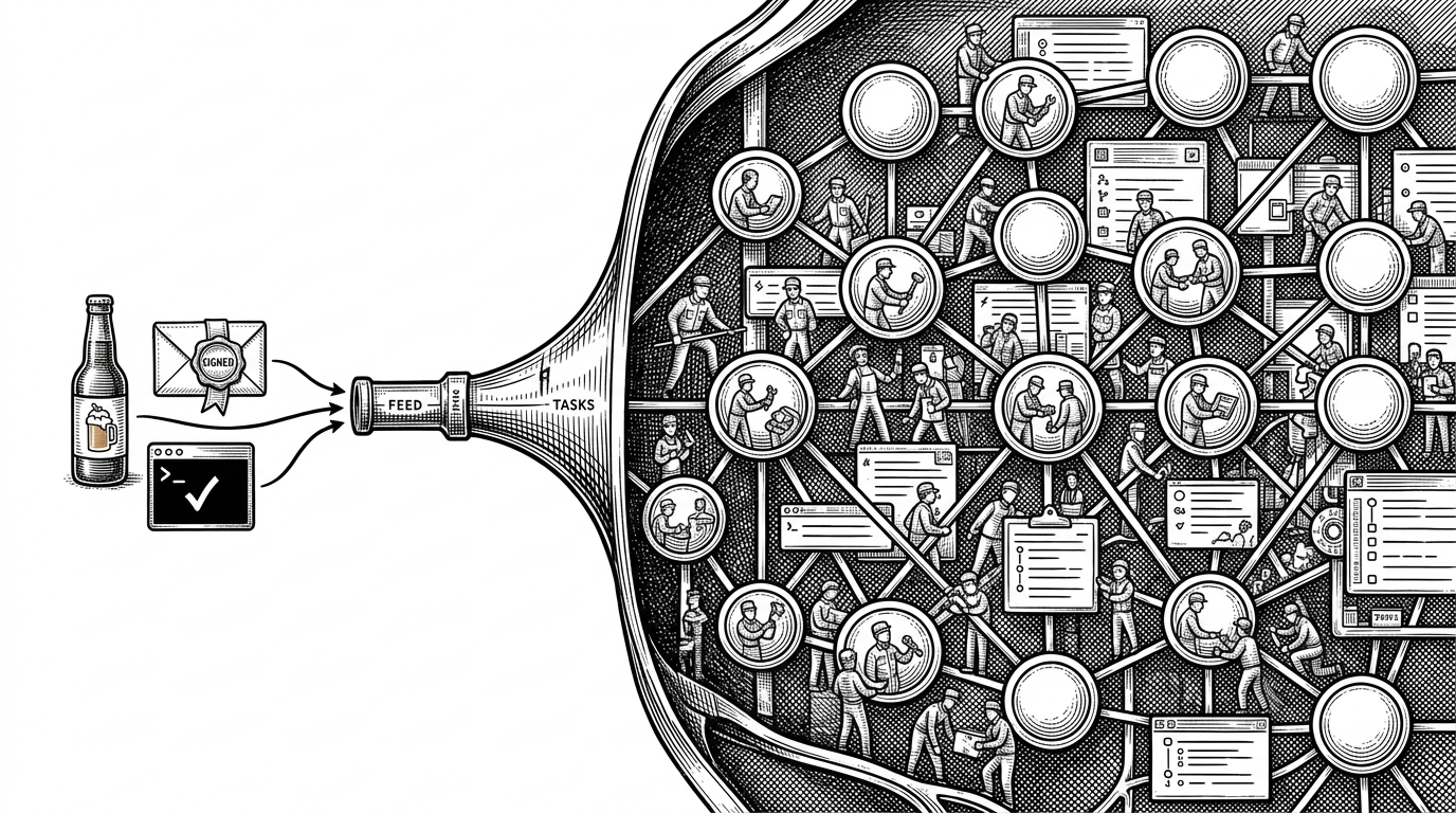 A narrow pipeline carries a Homebrew bottle into a dense network of linked task nodes, where small agent-like figures cluster around structured records. The scene explains that the tap is only the delivery edge, while the real system is a larger coordination layer for machine users.