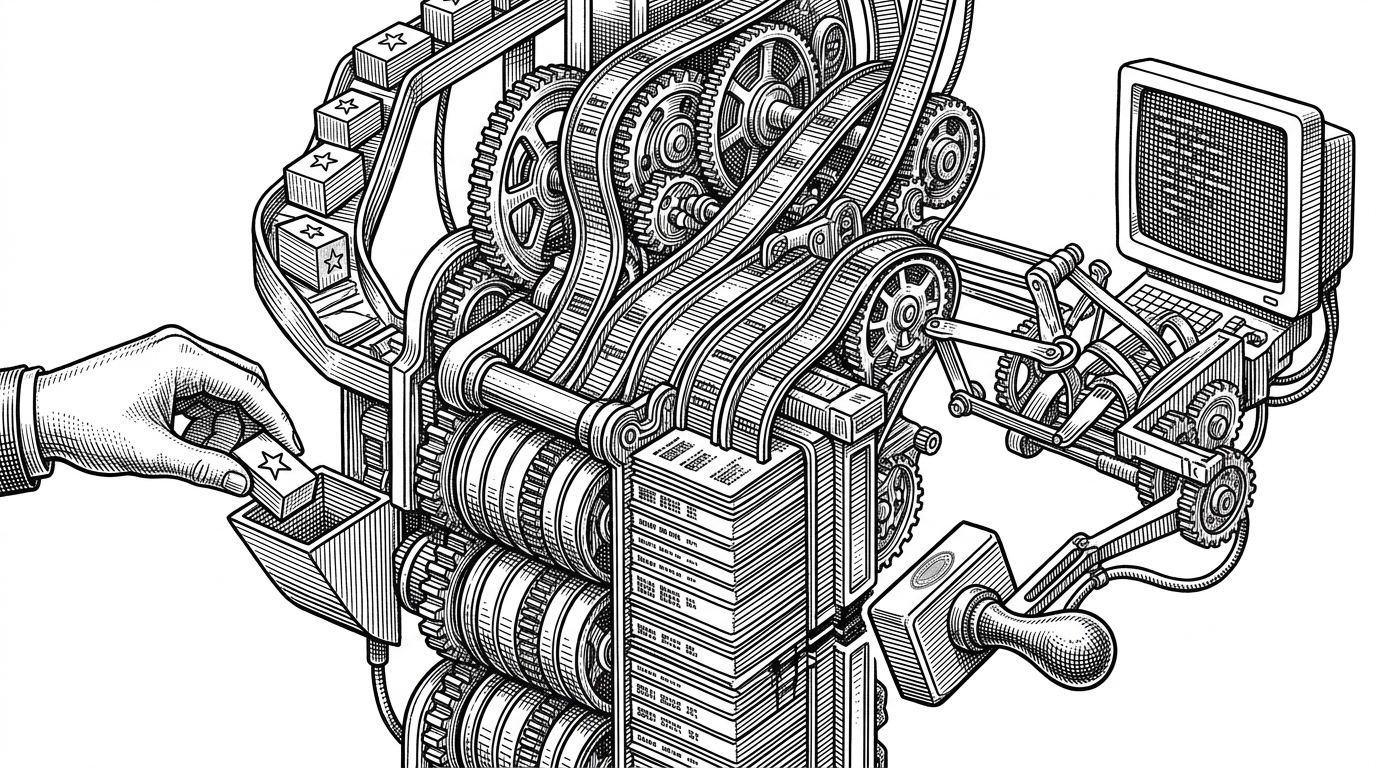 A close-up cross section of a versioned ledger with branches splitting into recorded states while a task enters one side and a reconciler stamps the result back into history. It explains how Gas City preserves work as queryable state instead of ephemeral output.