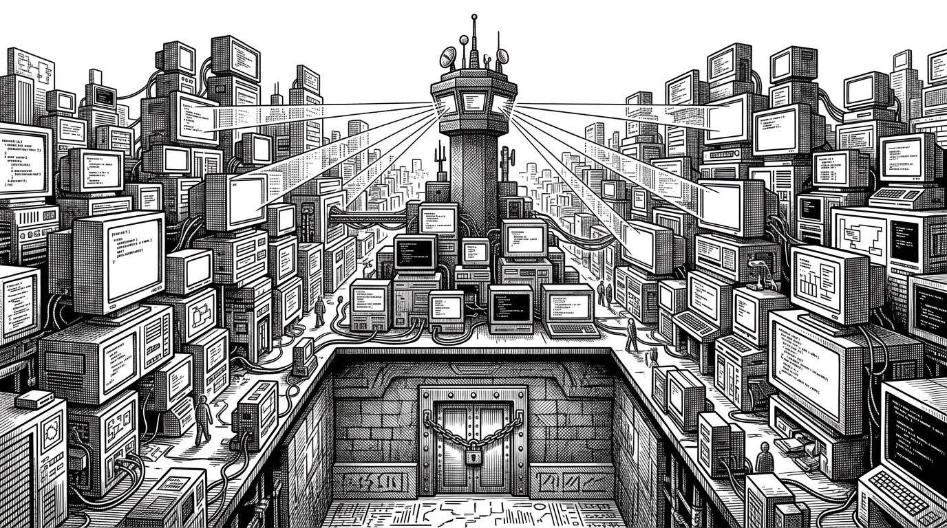 A wide editorial scene of a dense city made from terminal windows, control towers, and a central ledger-like building beneath them. It suggests that multi-agent work is not just launched, but recorded and managed as durable state.