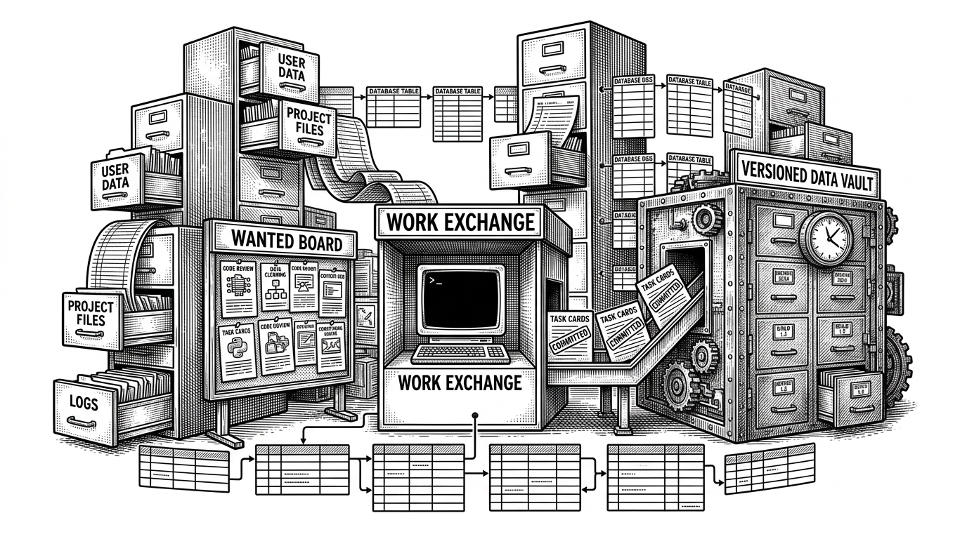 A hand-drawn marketplace built from filing cabinets, ledger pages, and linked database tables. In the center, a terminal window stands like a booth labeled for a work exchange, with wanted cards on one side and stamped commits on the other. The scene explains that the market lives inside versioned data, not a conventional web app.