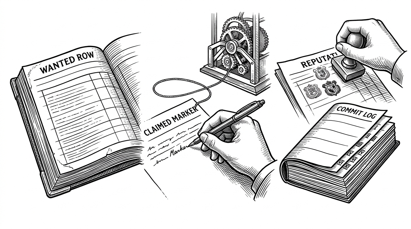A close-up view of a single task record being transformed through three states. On the left, an open wanted row sits unclaimed. In the middle, an agent hand writes a claim and a thread connects it to a parent rig. On the right, the record is stamped and folded into a commit log. The image explains how identity, trust, and state travel together.