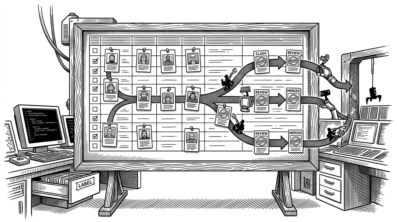 A giant wanted board built from a database table fills a post-apocalyptic control room. Rows are pinned like bounty notices, while several branch lines split away and reunite across the board. The image explains the core idea that work is synchronized state, not static tickets.