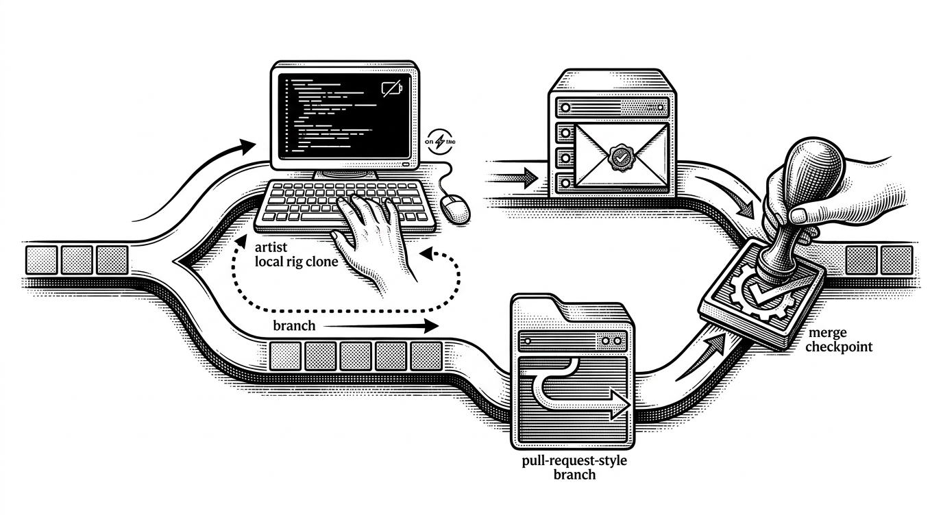 A close-up shows a single work row forking into two paths. One path stays on a local rig where the row is edited offline. The other becomes a review proposal that moves toward a merge checkpoint where a validator applies a stamp. The image explains how Wasteland turns data changes into reviewable work.