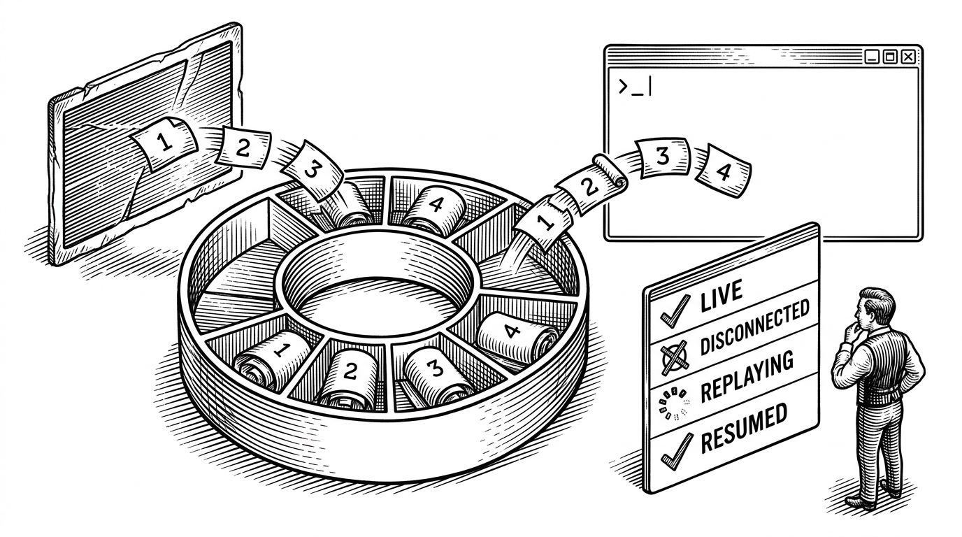 A terminal session splits into numbered chunks that fall into a circular buffer, then reappear in a fresh pane after a disconnect. One viewer sees the live stream pause, buffer, and resume, while another panel shows the replayed context catching up in order.