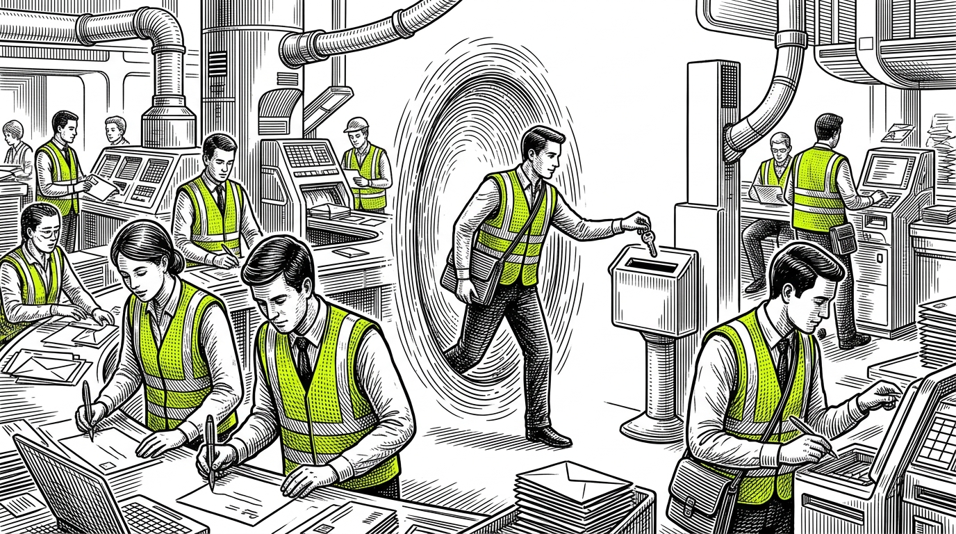 A futuristic post office where letters are written in invisible ink, but carriers wear bright neon vests. One carrier steps through a portal to drop off a key.