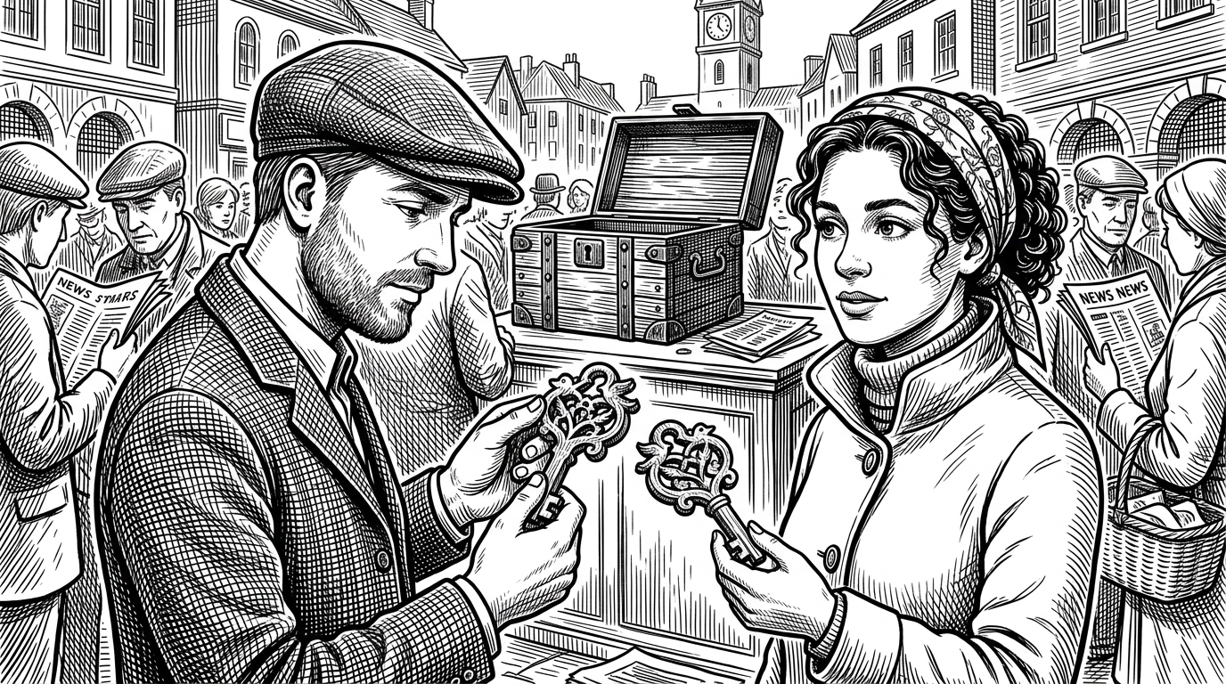 A close-up of two people in a crowded town square, not looking at each other, but holding identical, uniquely carved wooden keys found in the same lockbox.