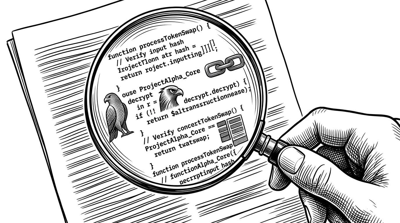 A close-up of a human hand holding a magnifying glass over a document, where the text is shifting into code, representing the living documentation and asynchronous state of the agent.
