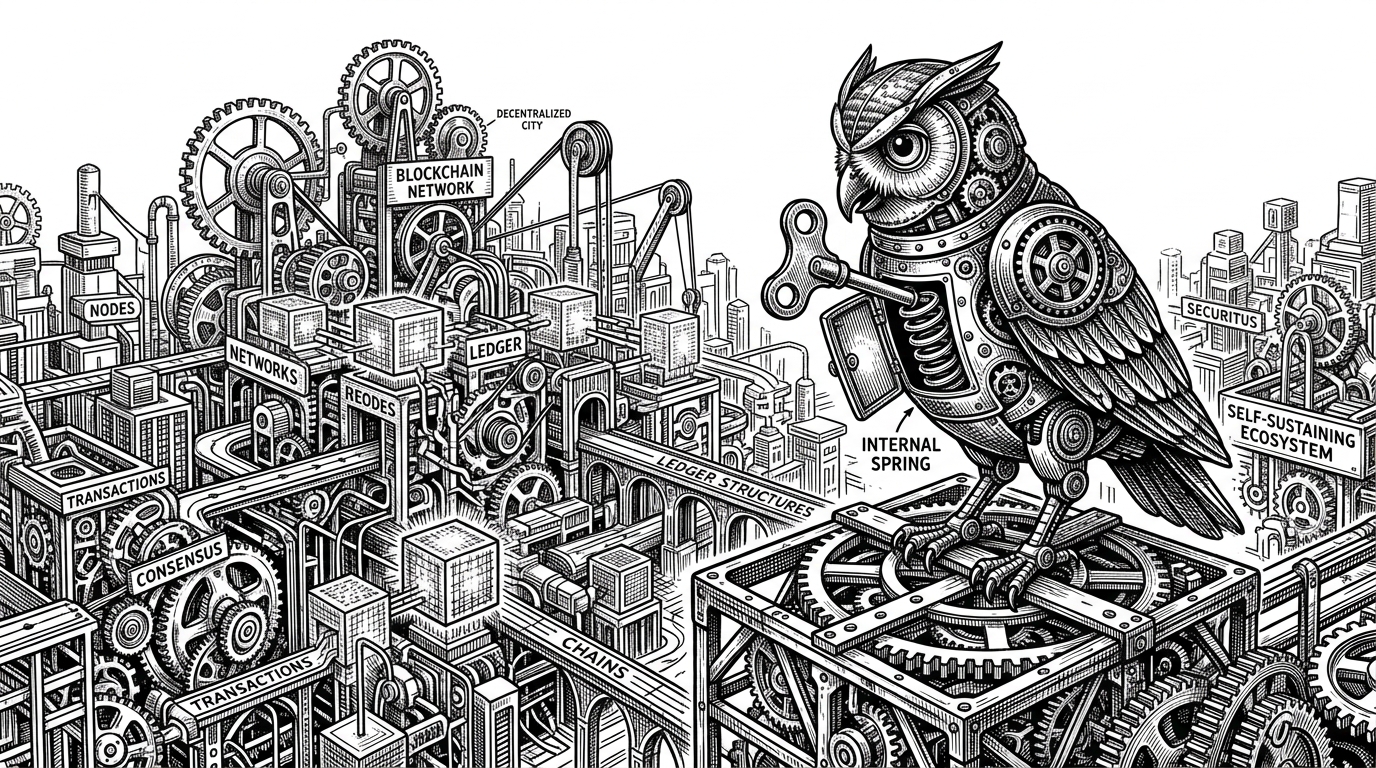 An intricate clockwork city representing the Vara Network, where a single mechanical bird is winding its own internal spring, symbolizing an autonomous agent setting its own trigger.