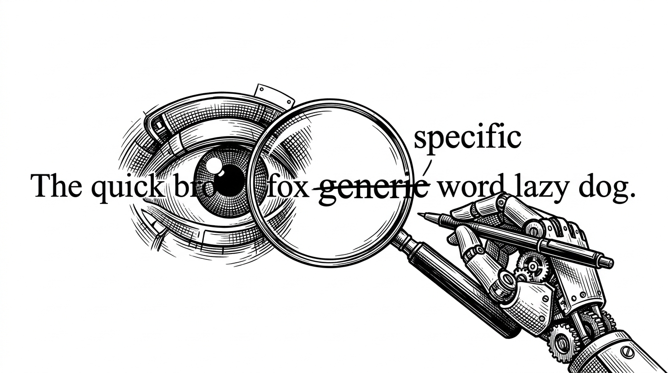 A close-up of a robotic eye looking through a magnifying glass at a line of code, crossing out a word with a mechanical pen.