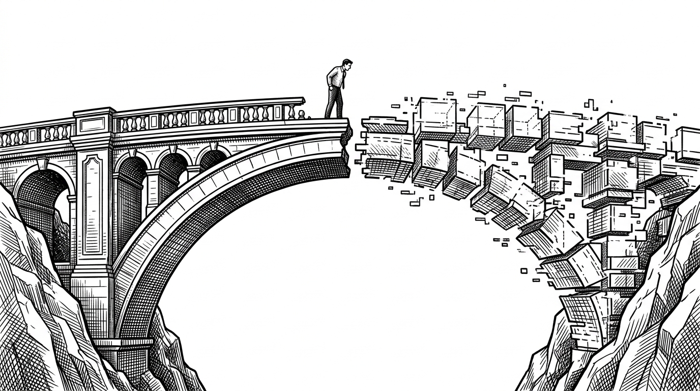 A grand stone bridge spanning a chasm where one half is perfectly carved and the other is made of floating, misaligned glitchy blocks.
