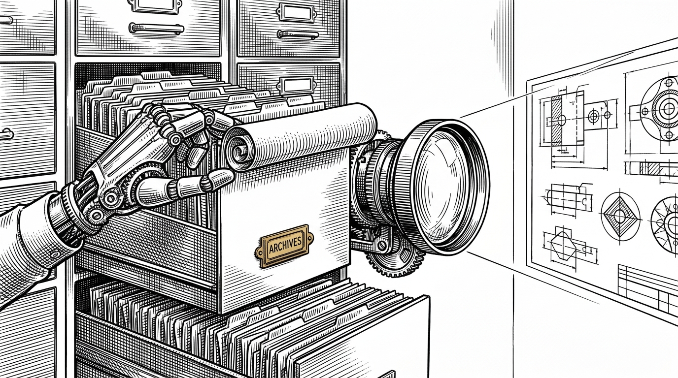 A mechanical hand reaching into a massive filing cabinet, pulling out a glowing scroll to feed into a projection lens.